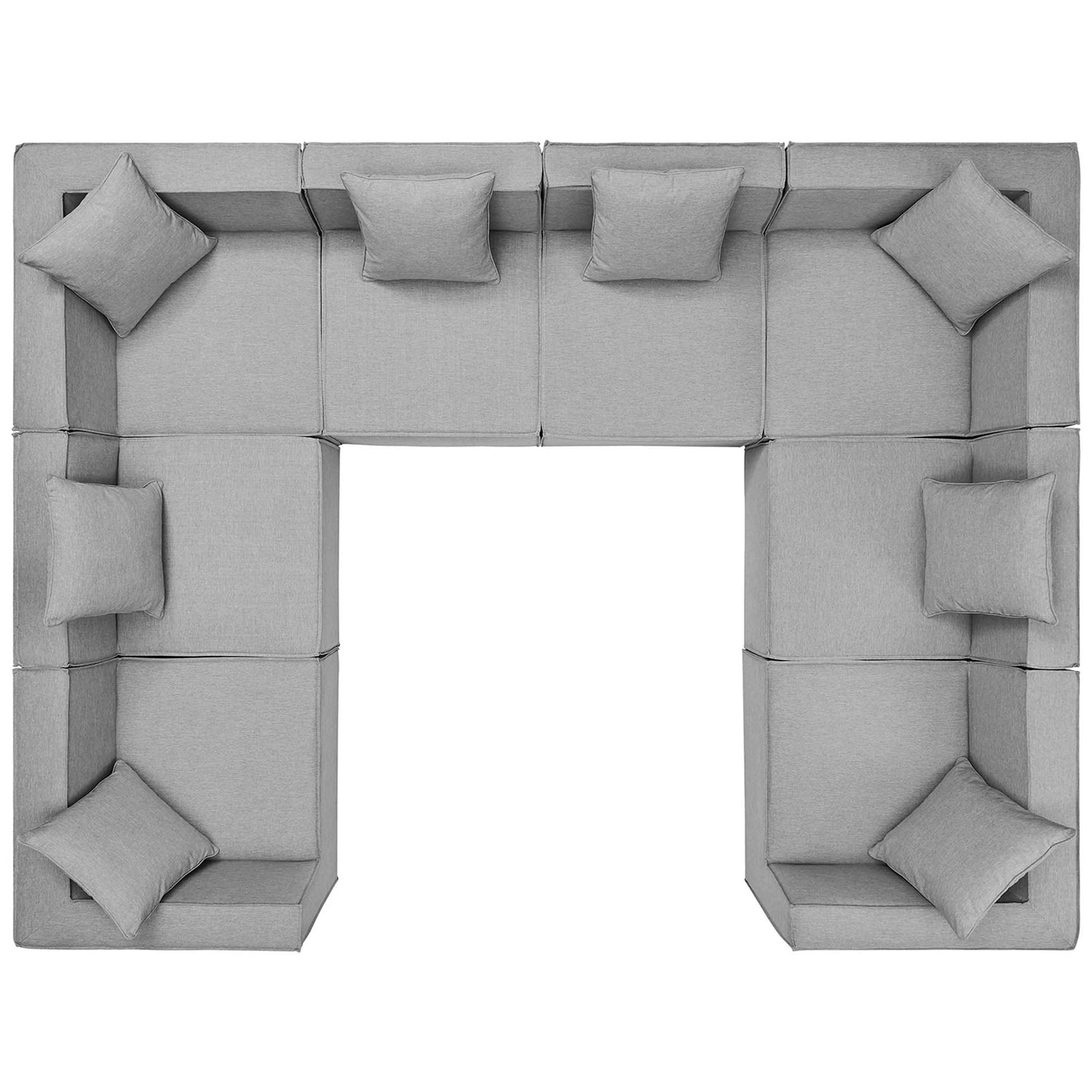 U-shaped gray outdoor sectional with eight deep seats and matching pillows for relaxed lounging. || EEI-4388-GRY || top_studio