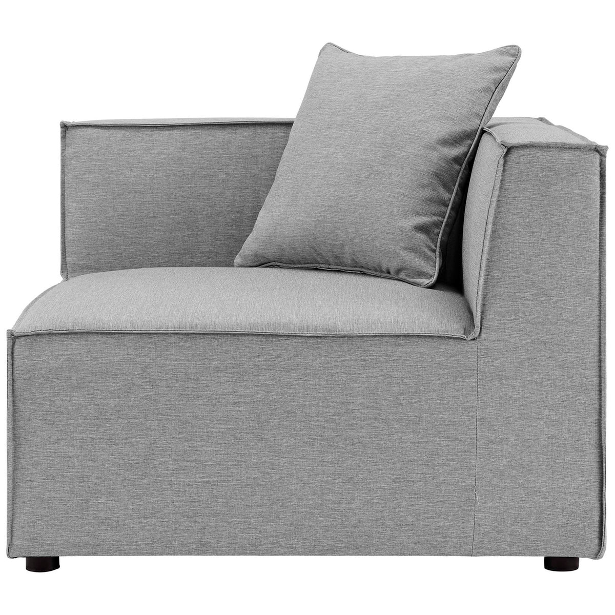 Gray modular corner seat with wraparound back and thick cushion for cozy outdoor comfort. || EEI-4388-GRY || side_partial_studio
