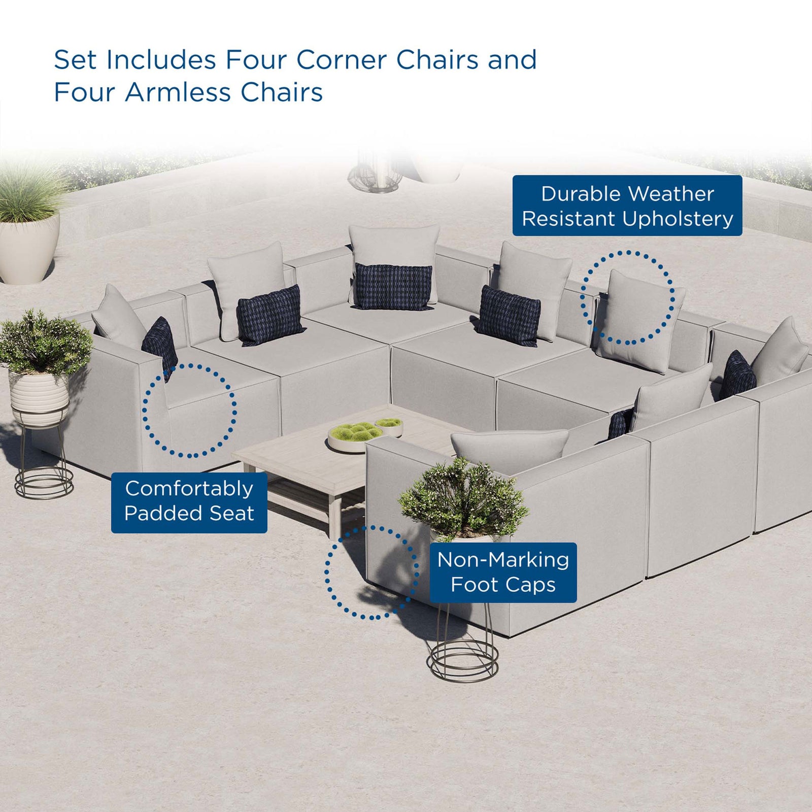 Gray Saybrook outdoor sectional highlighted with callouts for comfort, durability, and non-marking feet. || EEI-4388-GRY || callout_room