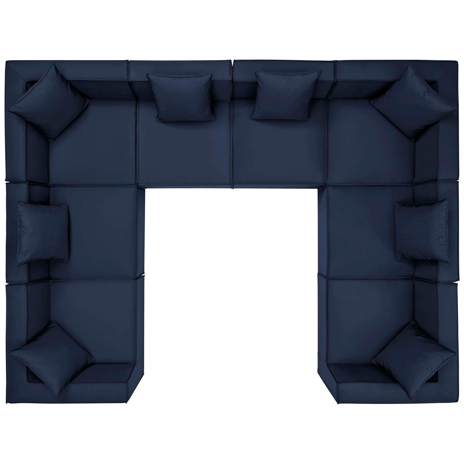 U-shaped navy outdoor sectional with eight deep seats and matching pillows for poolside lounging. || EEI-4388-NAV || top_studio