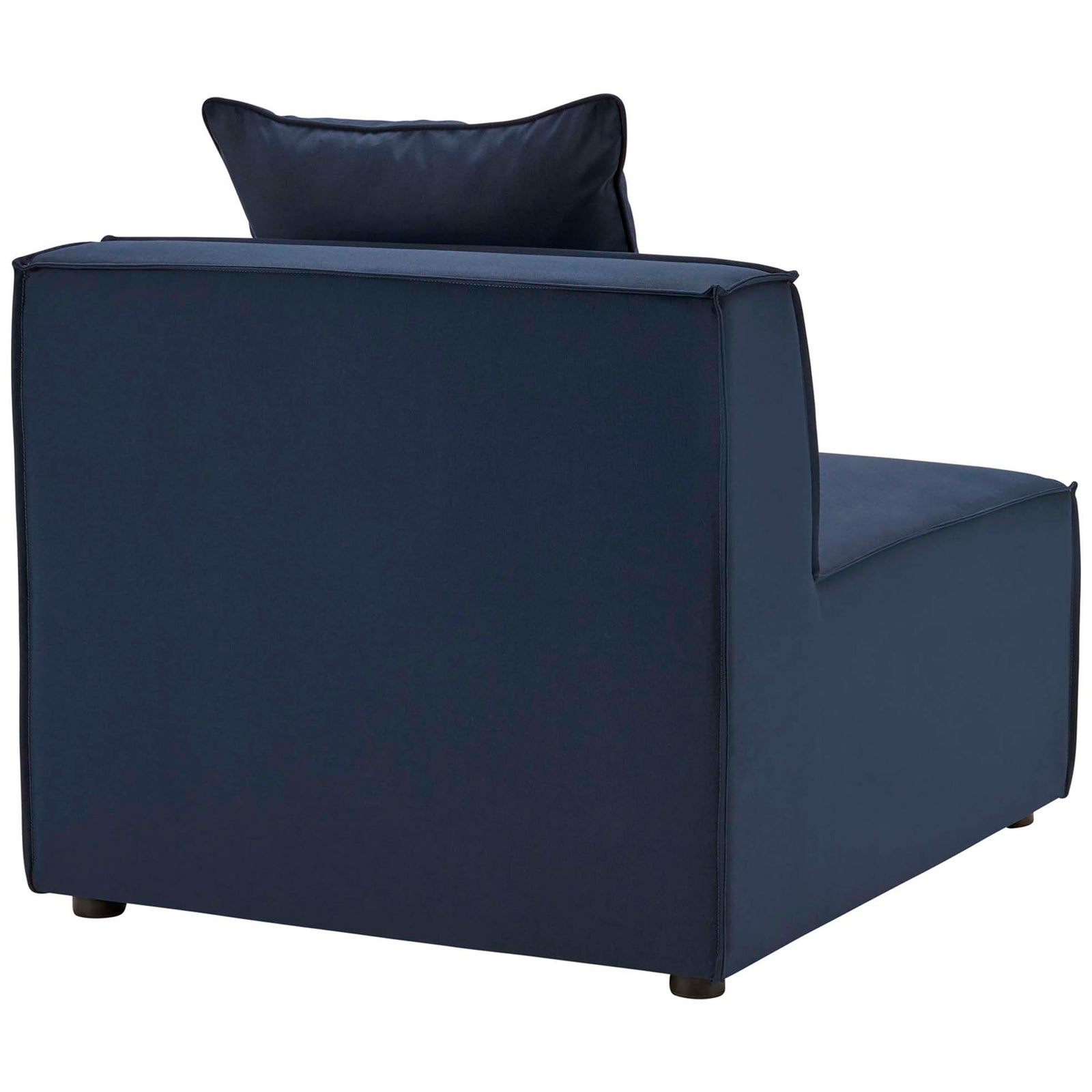 Navy armless sectional chair with smooth upholstered back and subtle French piping detail. || EEI-4388-NAV || back_angle_partial_studio