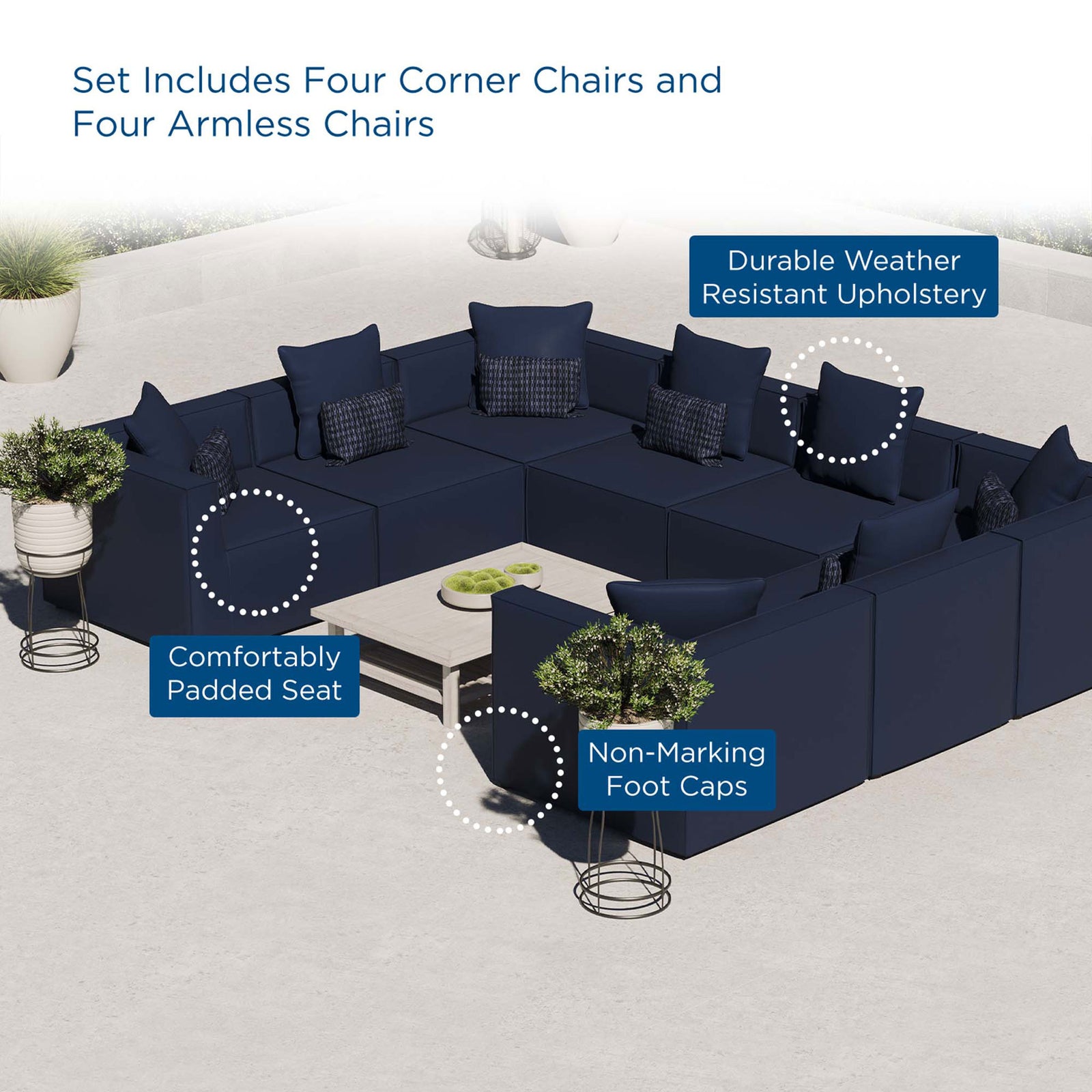Navy Saybrook outdoor sectional highlighted with callouts for comfort, durability, and non-marking feet. || EEI-4388-NAV || callout_room