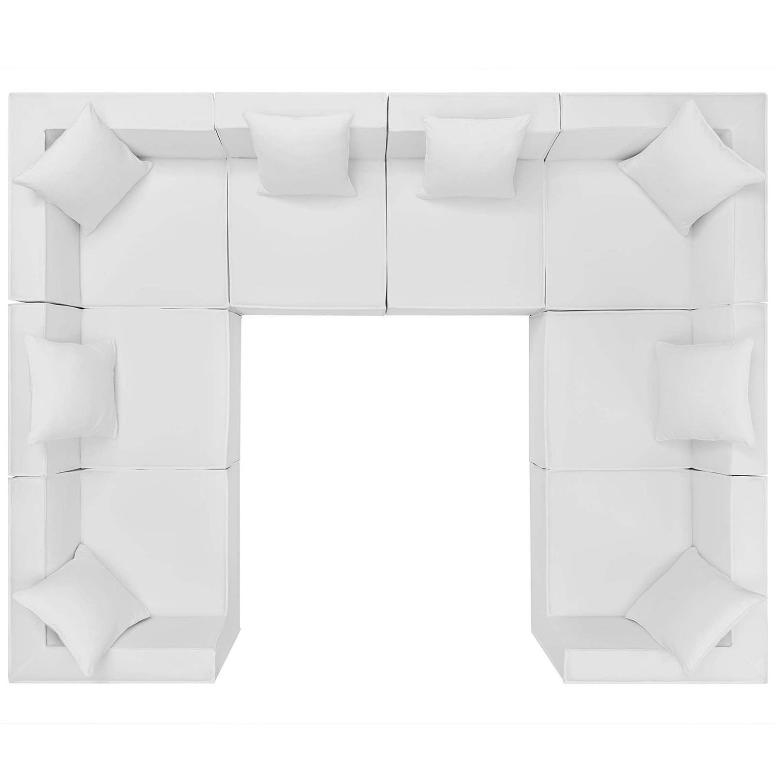 U-shaped white outdoor sectional with eight deep seats and coordinating pillows for bright, modern lounging. || EEI-4388-WHI || top_studio