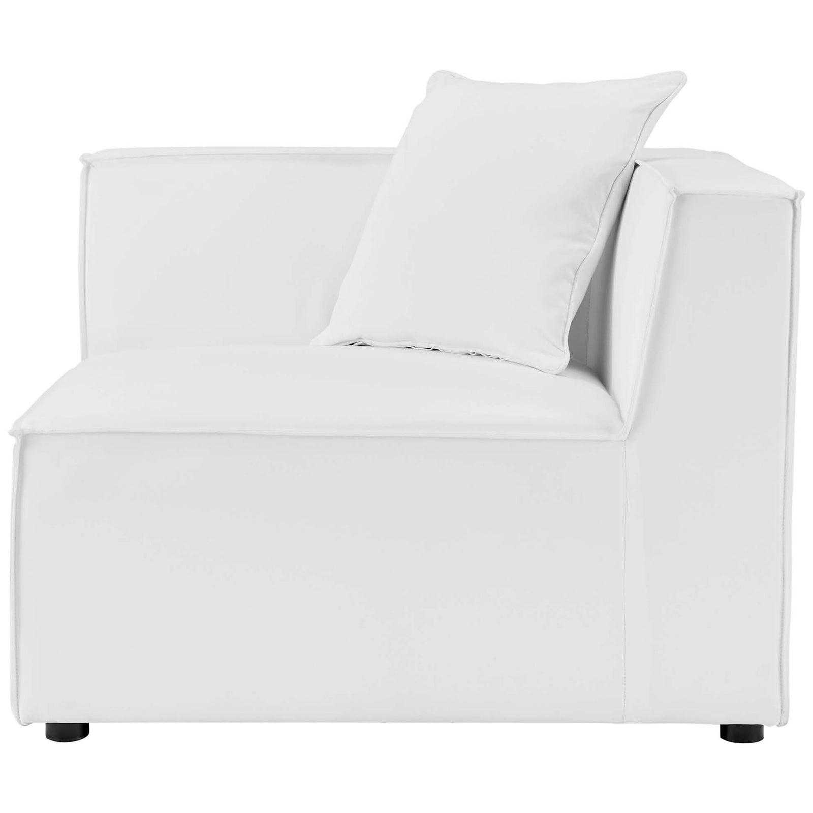 White modular corner seat with wraparound back and thick cushion for cozy outdoor comfort. || EEI-4388-WHI || side_partial_studio