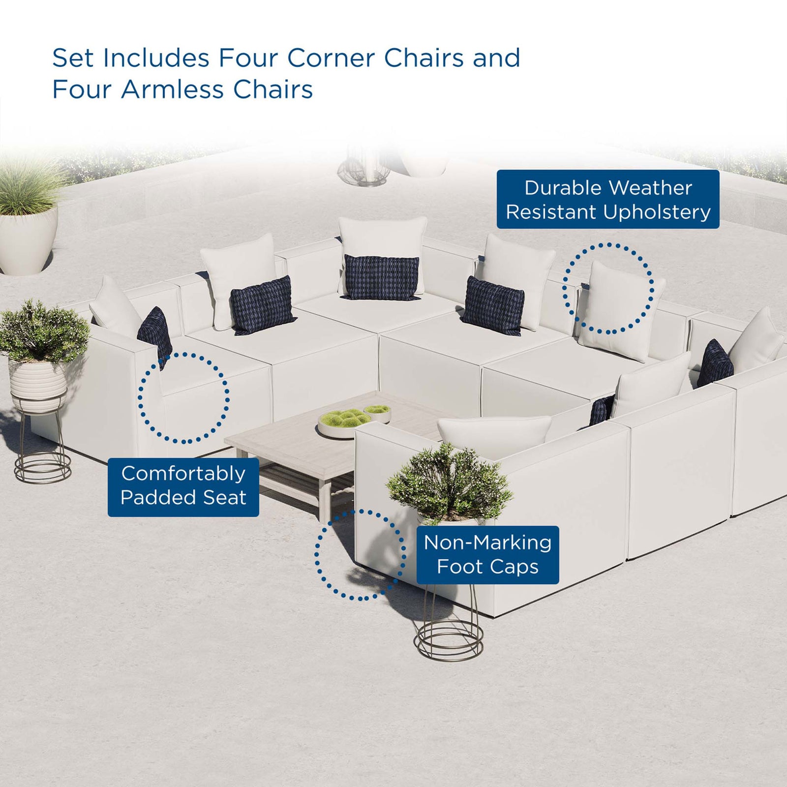 White Saybrook outdoor sectional highlighted with callouts for comfort, durability, and non-marking feet. || EEI-4388-WHI || callout_room