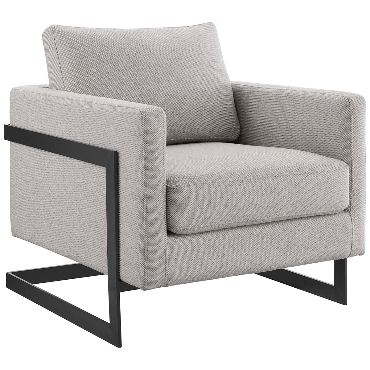 Sleek accent chair with textured gray fabric and bold matte black sled base || EEI-4391-BLK-CAM || front_angle_studio