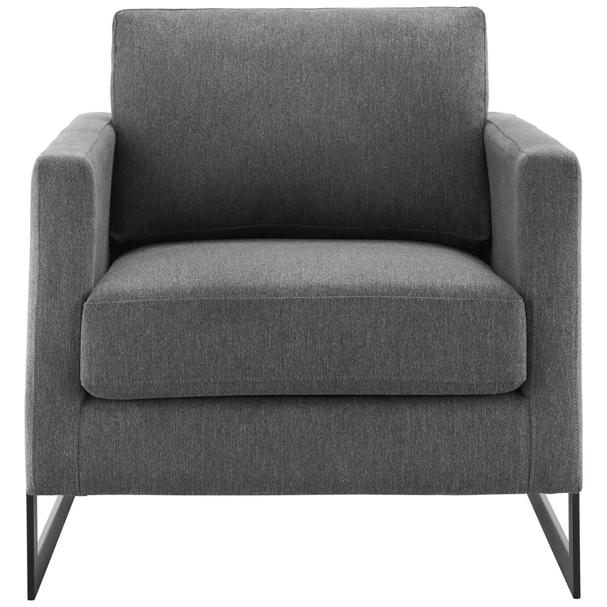 Charcoal fabric accent chair with plush cushioning and a matte black sled base for a refined modern look || EEI-4391-BLK-CHA || front_studio