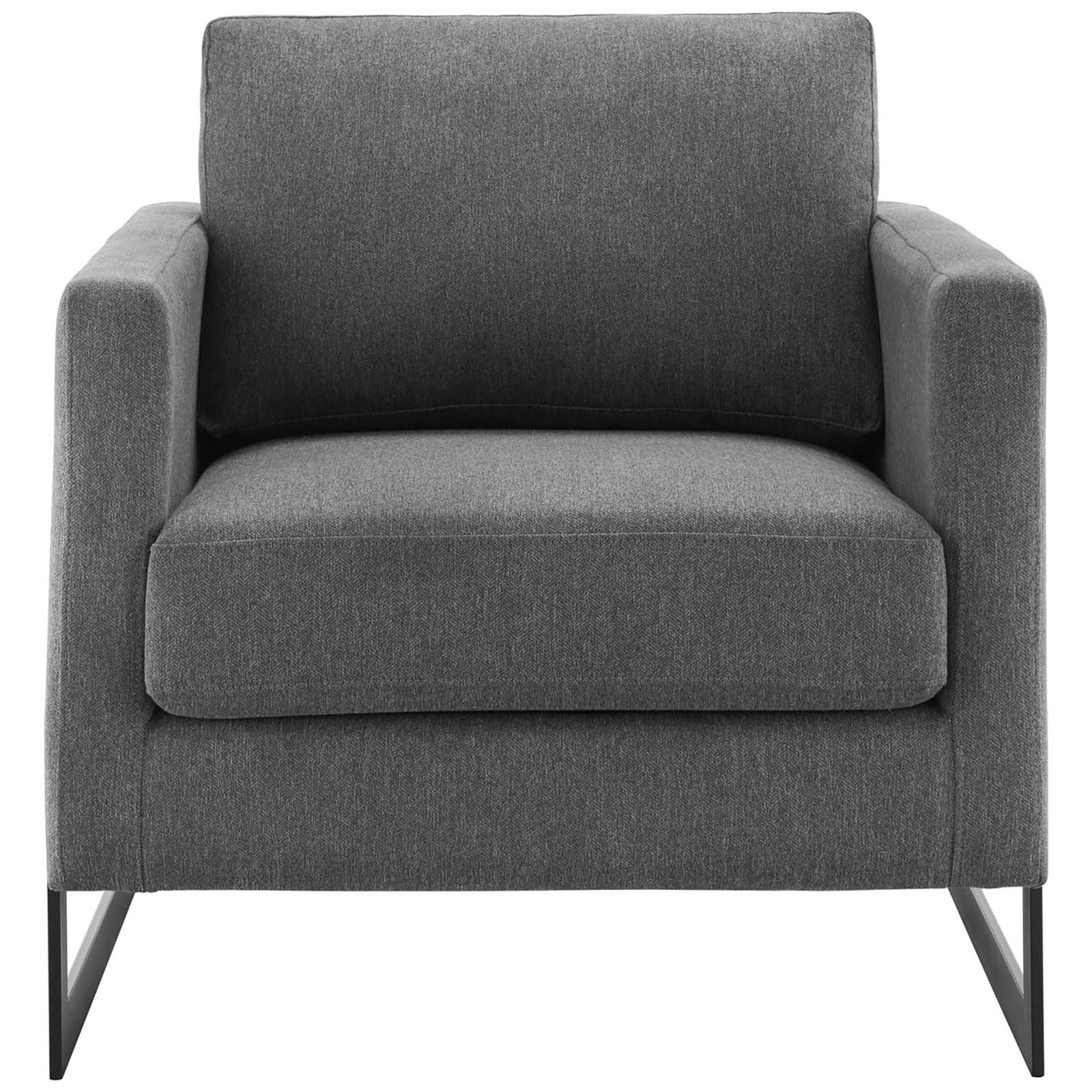 Charcoal fabric accent chair with plush cushioning and a matte black sled base for a refined modern look || EEI-4391-BLK-CHA || front_studio