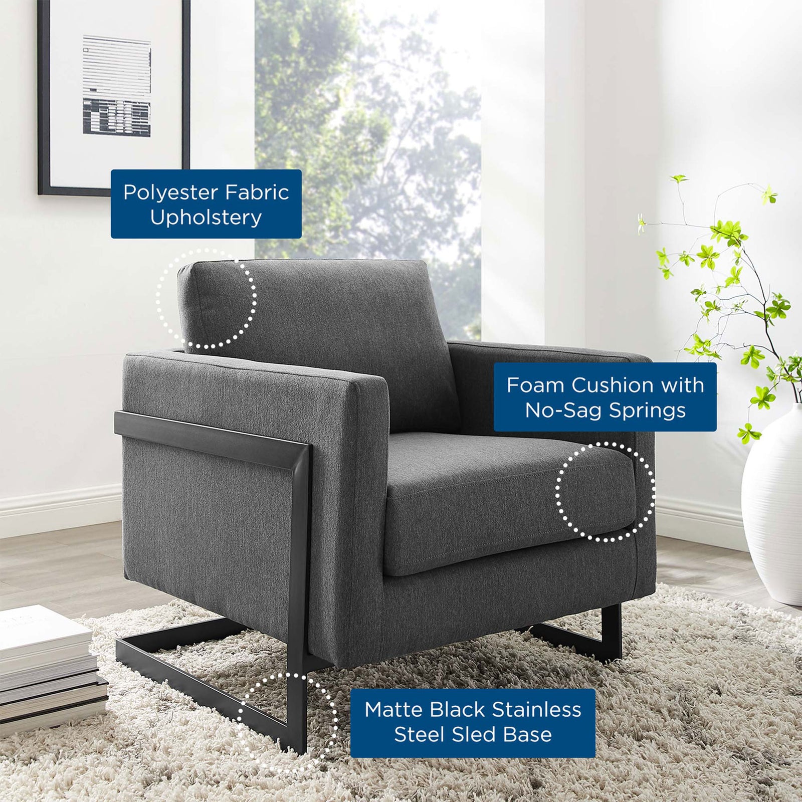 Key features highlighted: soft fabric, foam cushioning with spring support, and a matte black sled base || EEI-4391-BLK-CHA || callout_room