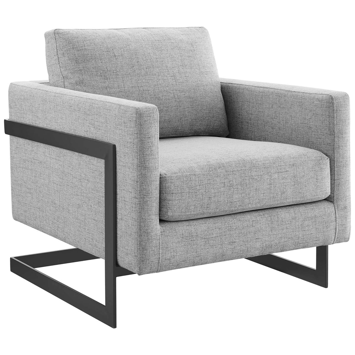 Boxy silhouette with plush seat and back cushions set on a matte black stainless steel frame. || EEI-4391-BLK-LGR || front_angle_studio