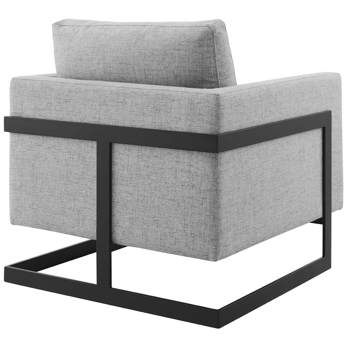 Sleek wraparound metal frame accents tailored cushions for a minimalist statement. || EEI-4391-BLK-LGR || back_angle_studio