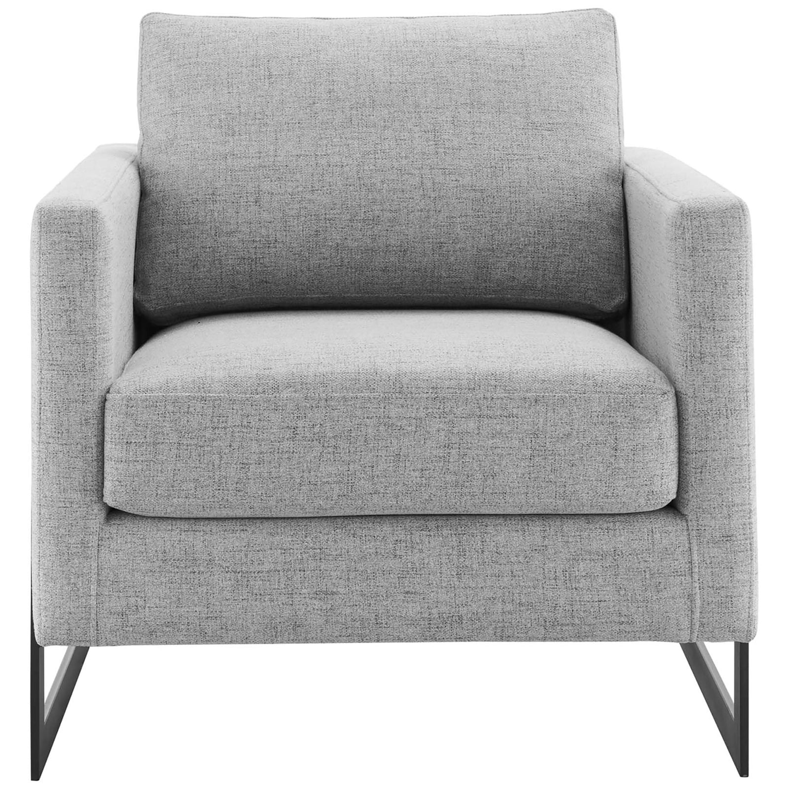 Light gray upholstered accent chair with clean lines and a matte black sled base. || EEI-4391-BLK-LGR || front_studio
