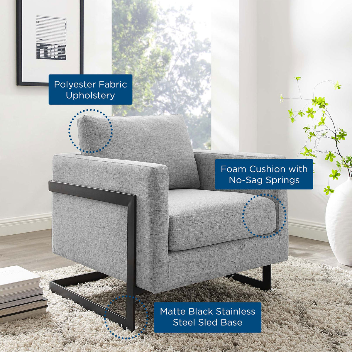 Highlighted features include polyester fabric, foam cushions with no-sag springs, and a black sled base. || EEI-4391-BLK-LGR || callout_room