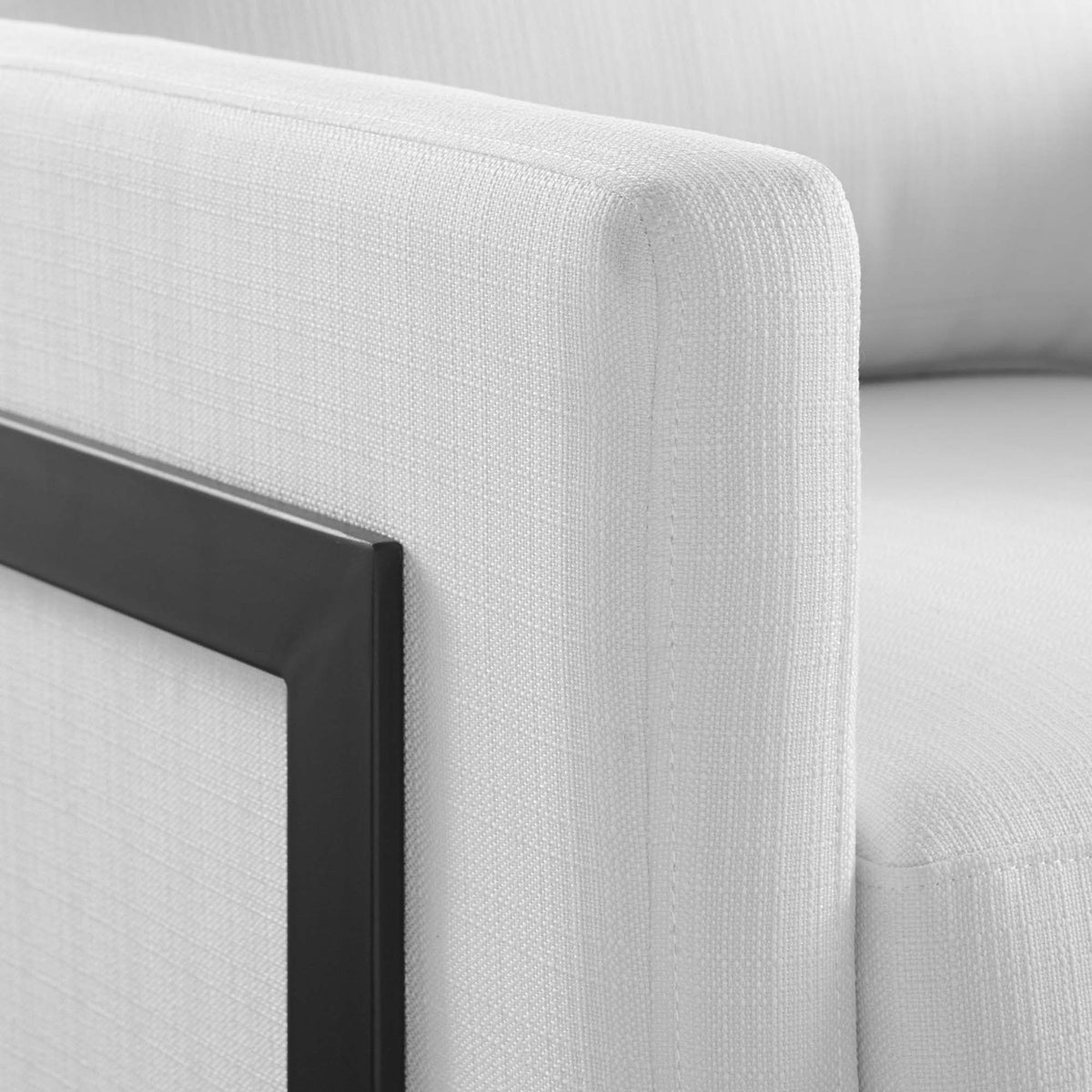 Textured white upholstery and crisp piping framed by matte black metal || EEI-4391-BLK-WHI || detail_studio