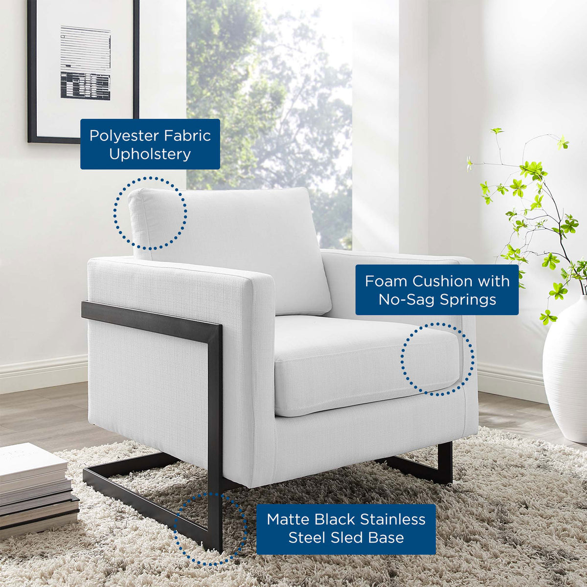Polyester upholstery, no-sag spring foam, and matte black sled base for lasting comfort || EEI-4391-BLK-WHI || callout_room