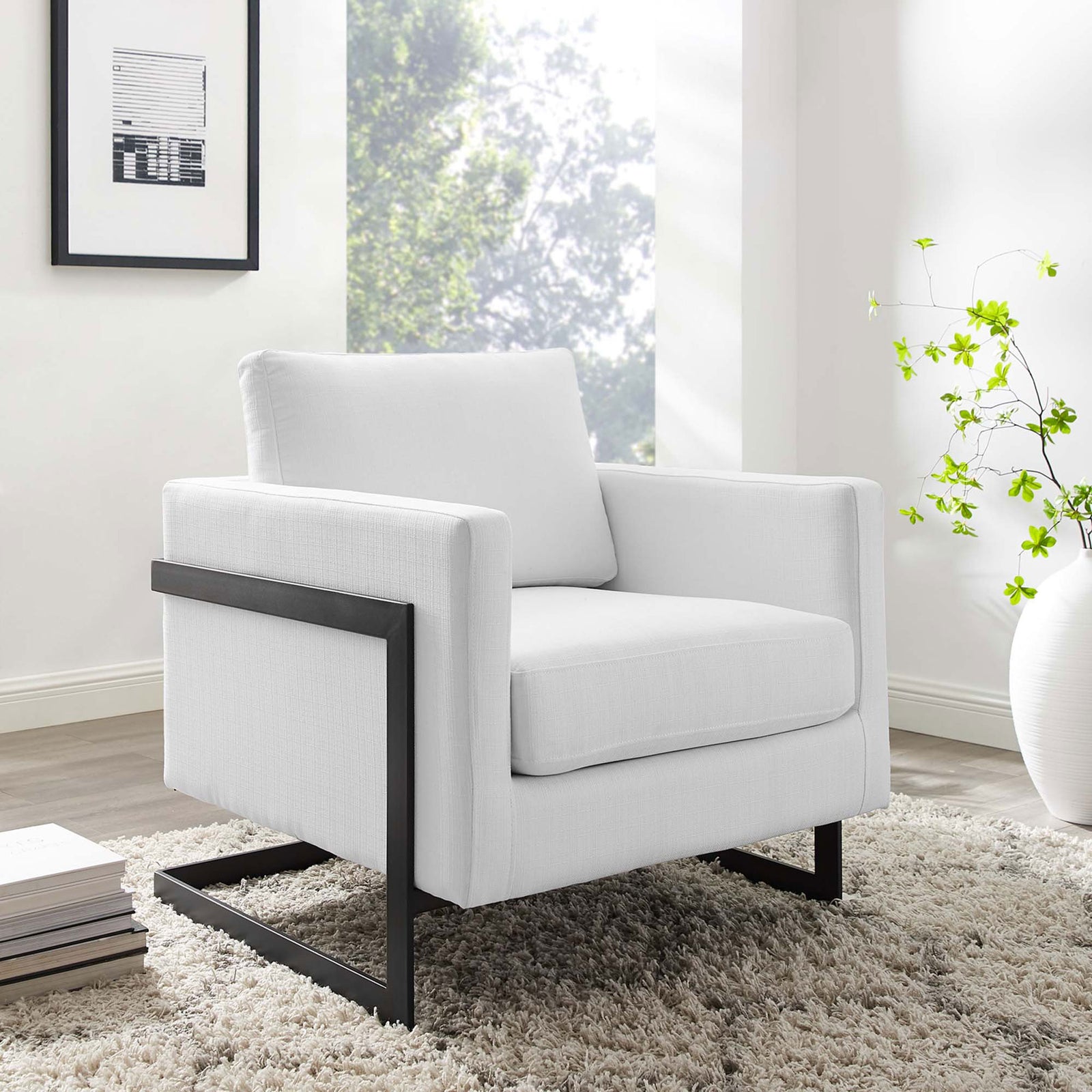 Chic white lounge chair adds modern polish with an airy open-base silhouette || EEI-4391-BLK-WHI || front_angle_room