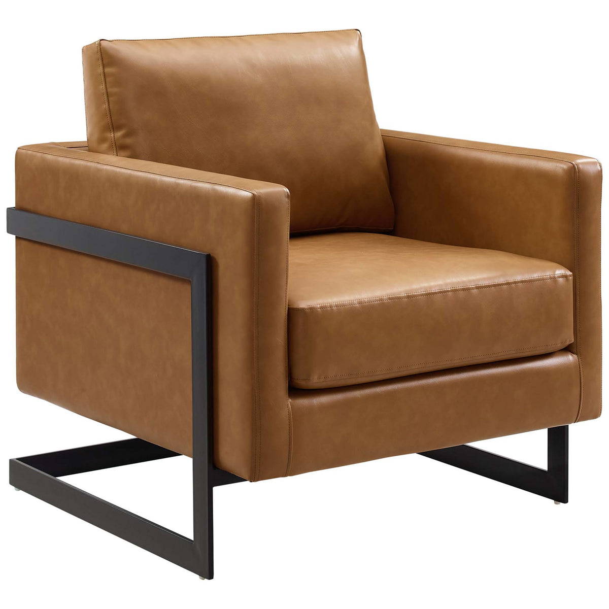 Sleek tan vegan leather chair with plush cushions and a bold matte black sled frame || EEI-4392-BLK-TAN || front_angle_studio