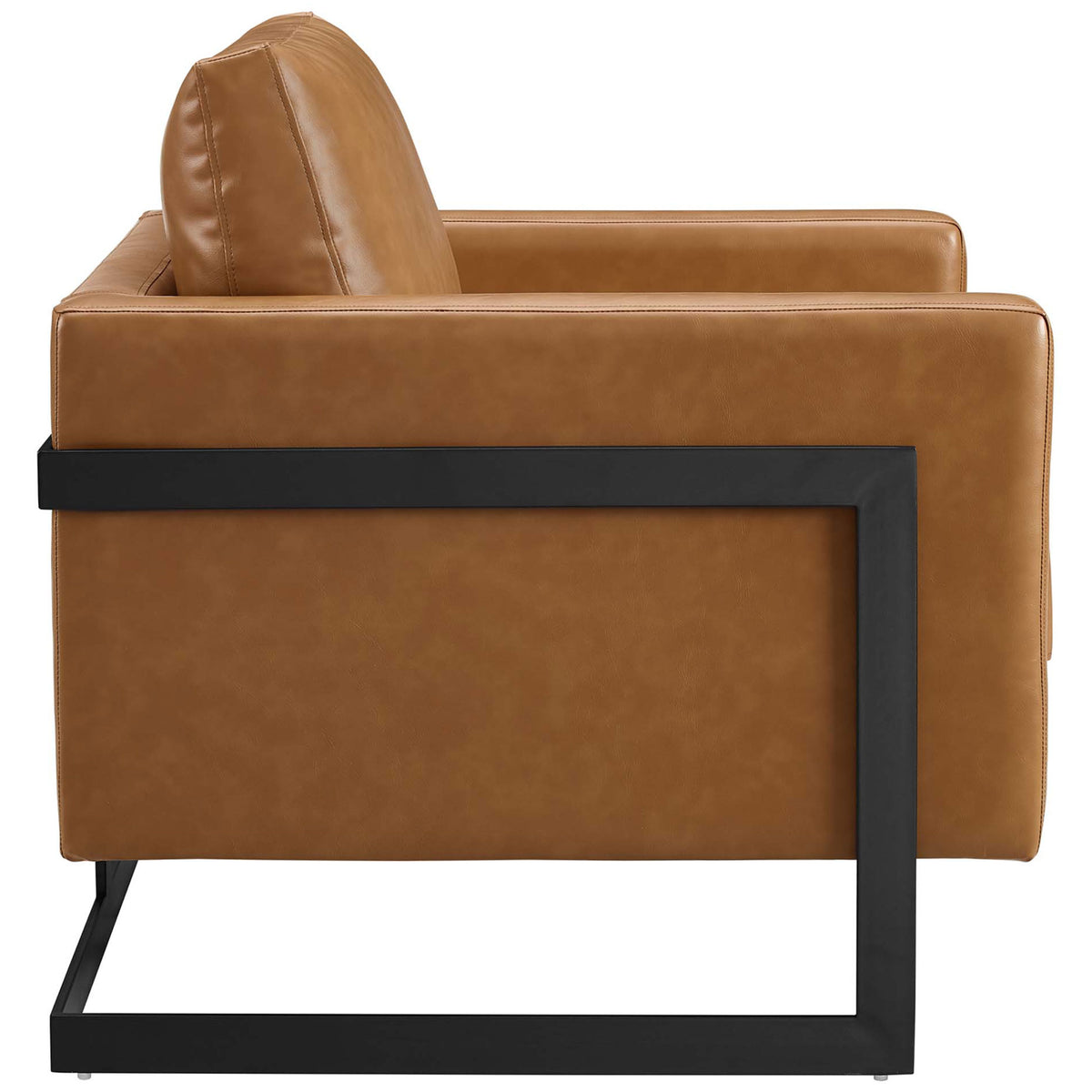 Boxy silhouette with wide padded arms and a floating matte black sled base || EEI-4392-BLK-TAN || side_studio