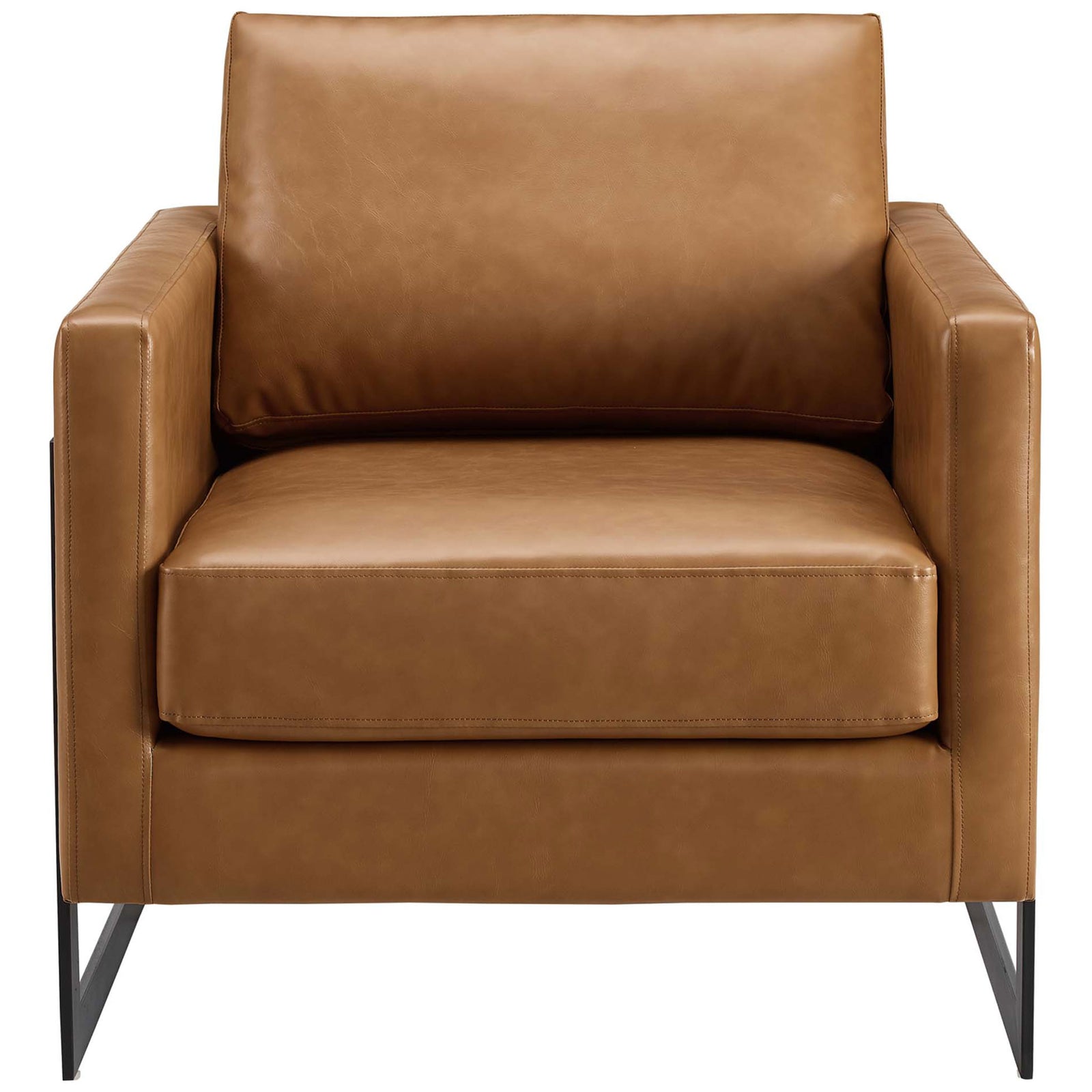 Inviting accent chair with smooth vegan leather, generous foam cushioning, and crisp modern lines || EEI-4392-BLK-TAN || front_studio
