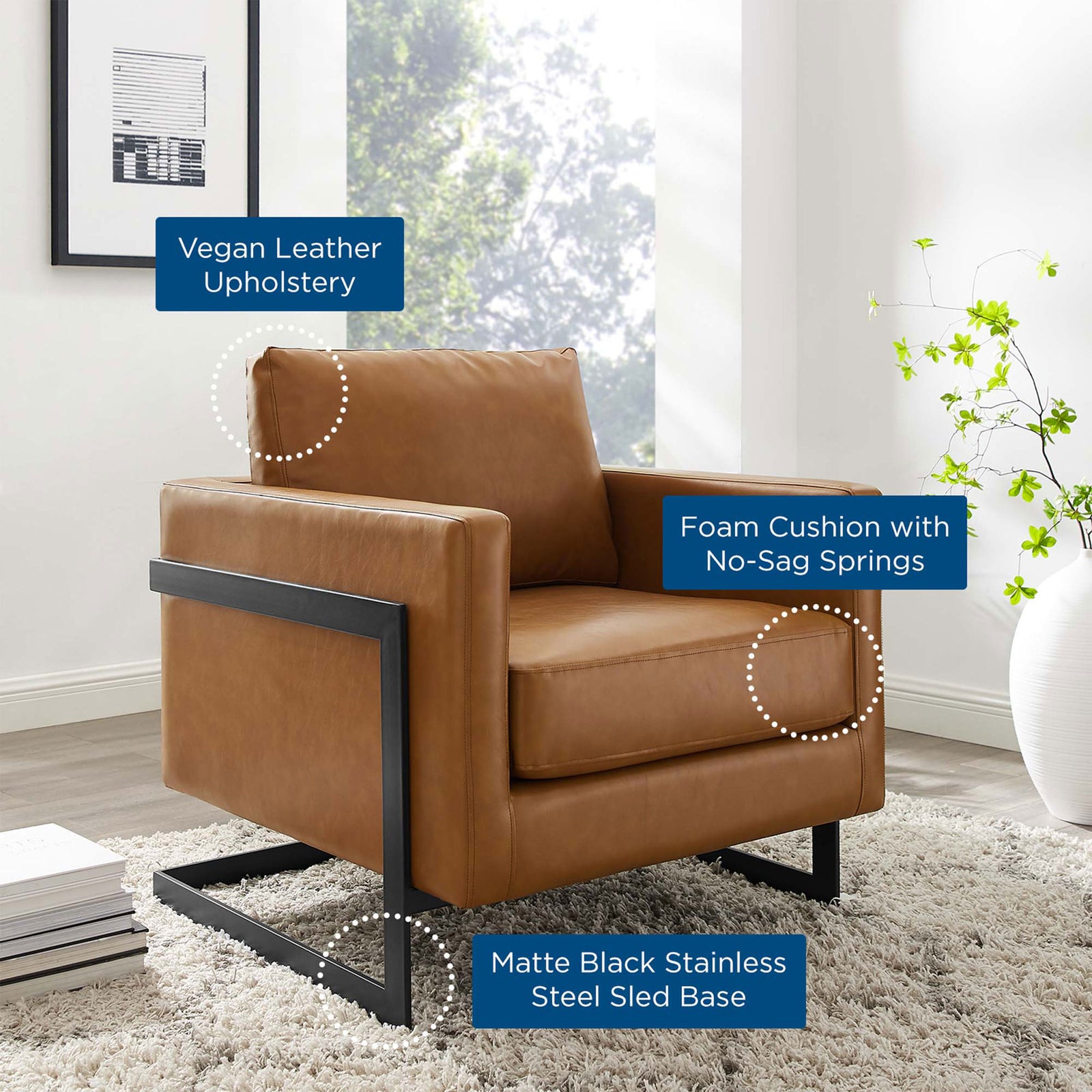 Vegan leather cushions with no-sag springs and a matte black sled base deliver lasting support || EEI-4392-BLK-TAN || callout_room