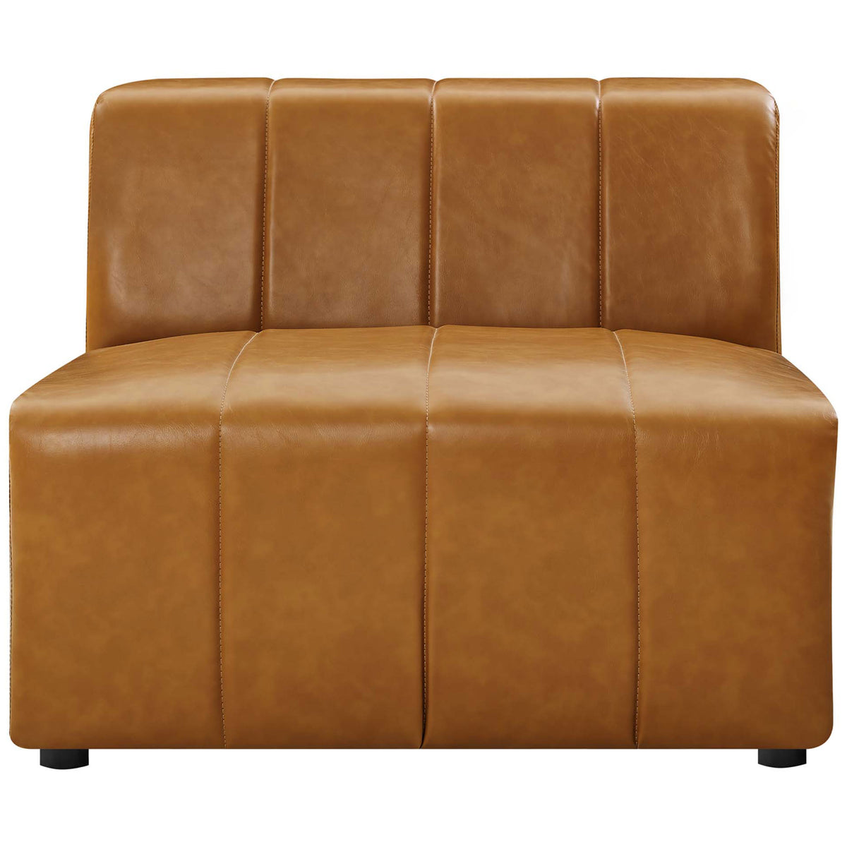 Tan vegan leather armless chair with channel tufting and rounded corners for retro modern comfort || EEI-4399-TAN || front_studio