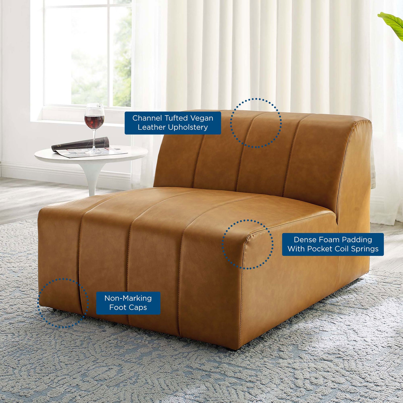 Highlighted features include channel tufting, dense foam with pocket coils, and non-marking foot caps || EEI-4399-TAN || callout_room