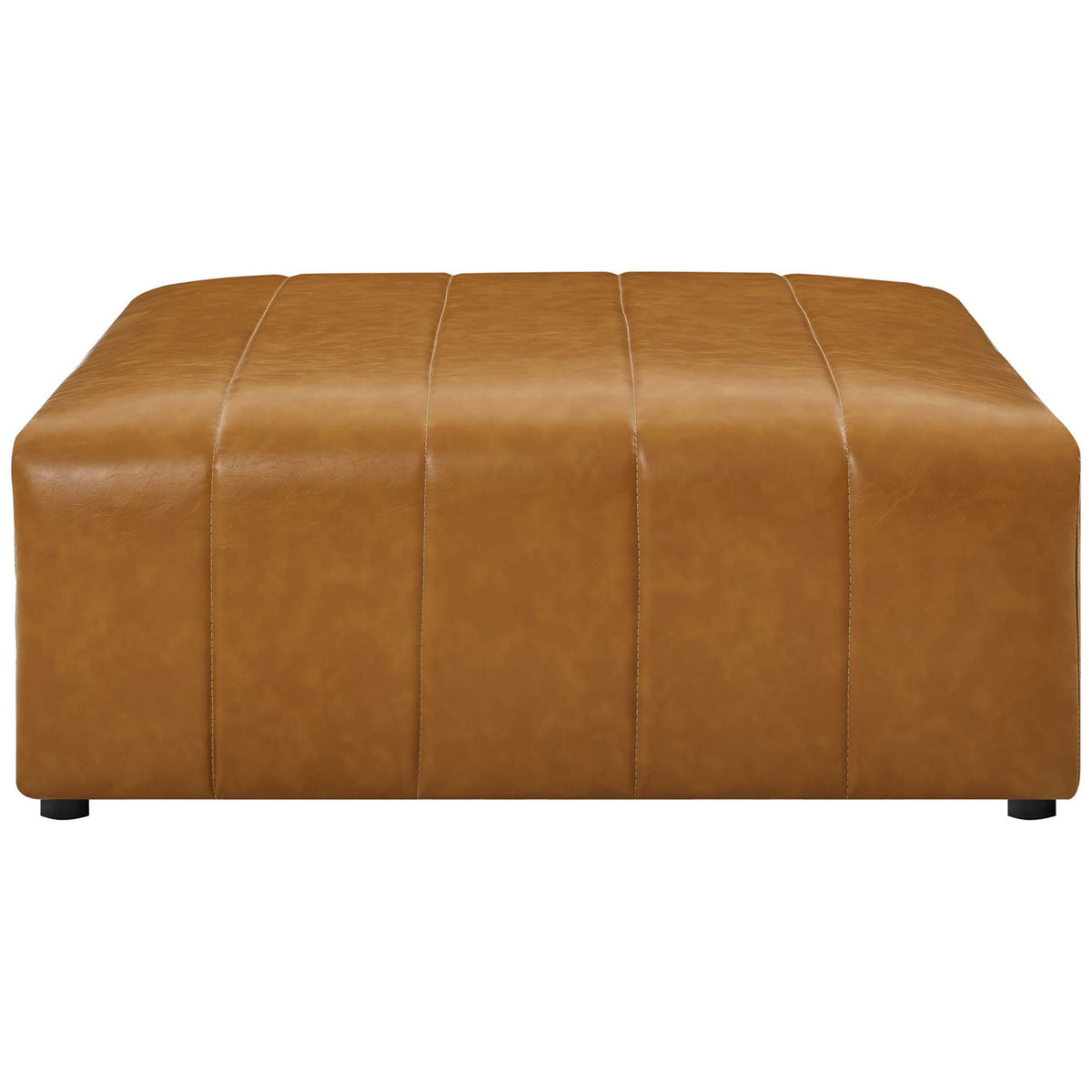 Low-profile tan vegan leather ottoman with bold channel stitching and softly rounded corners for modern comfort || EEI-4401-TAN || front_studio