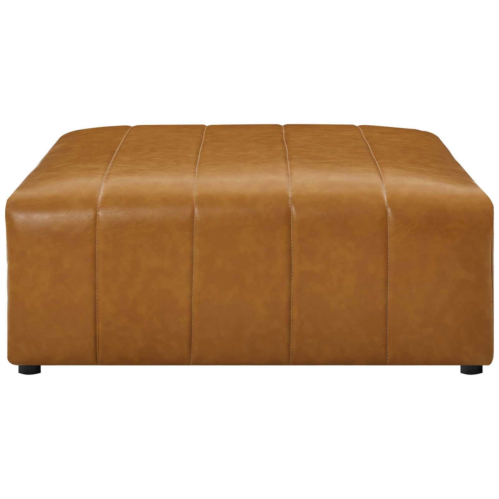 Low-profile tan vegan leather ottoman with bold channel stitching and softly rounded corners for modern comfort || EEI-4401-TAN || front_studio