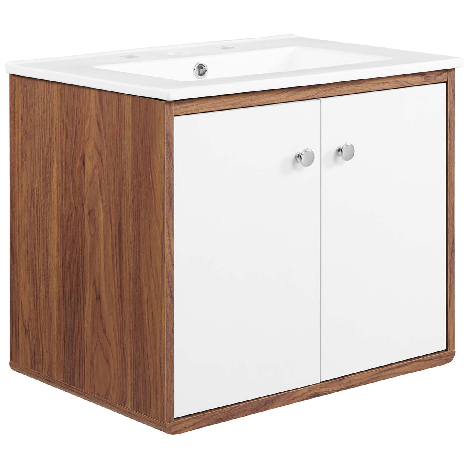 Walnut veneer cabinet with white dual doors and chrome knobs pairs with a crisp ceramic sink. || EEI-4431-WAL-WHI || front_angle_studio