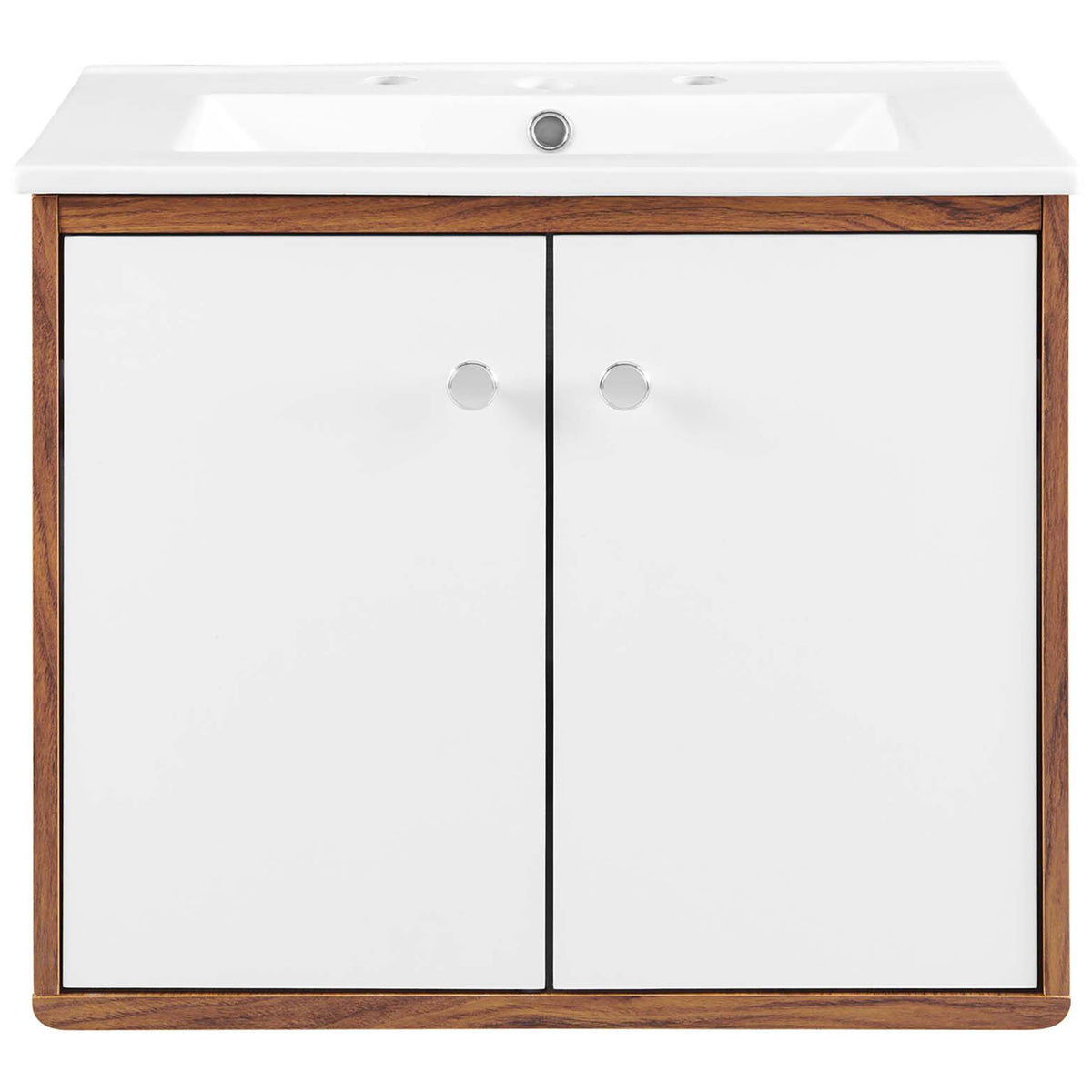 Two-tone vanity with soft-close white doors and chrome knobs for an effortless modern look. || EEI-4431-WAL-WHI || front_studio