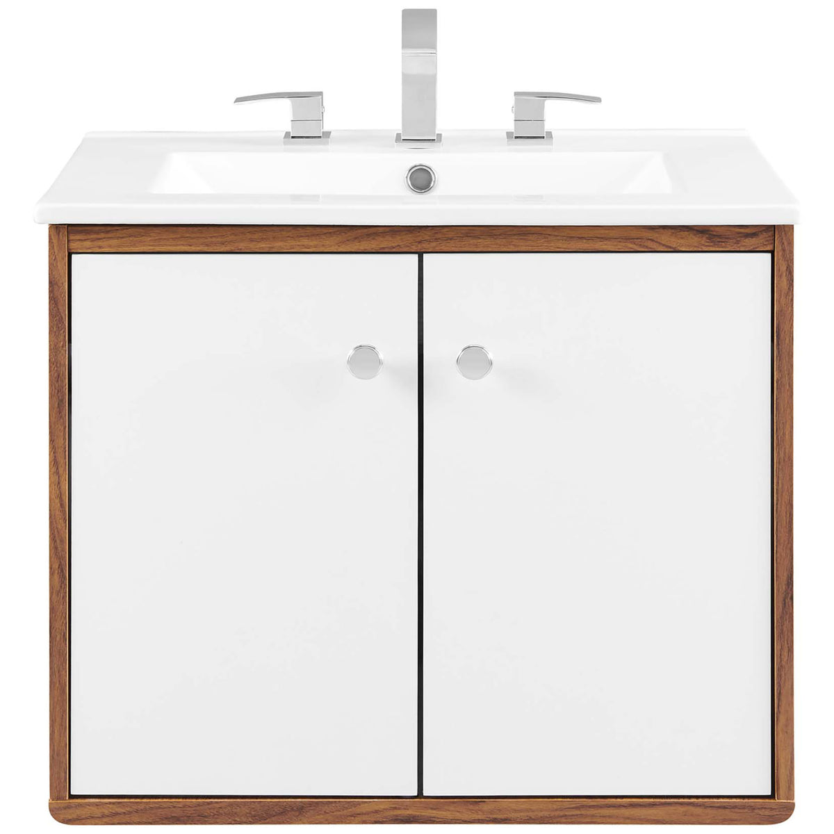 Integrated ceramic basin and sleek hardware complement the walnut frame and white doors. || EEI-4431-WAL-WHI || front_studio