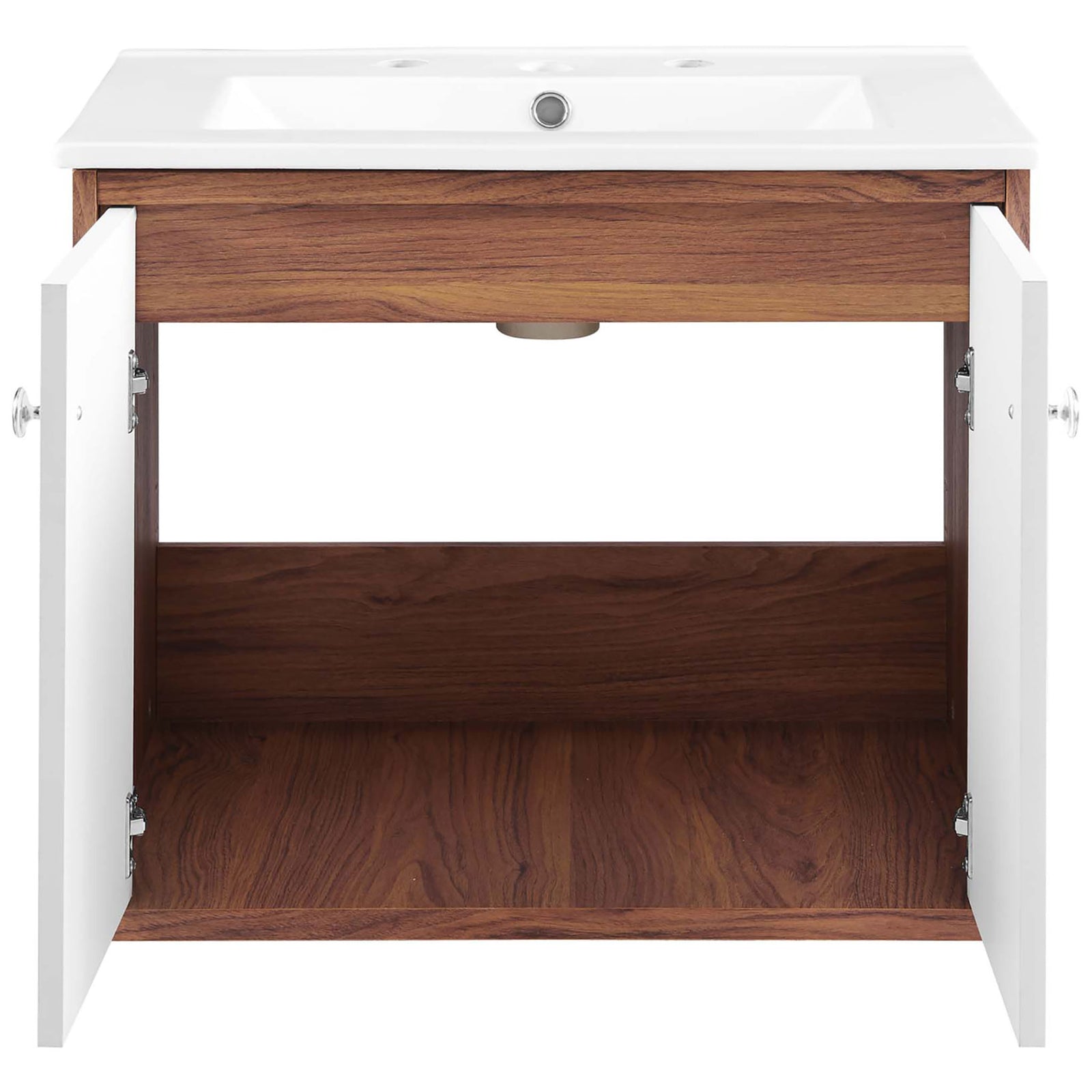 Spacious cabinet interior keeps bathroom essentials organized behind soft-close doors. || EEI-4431-WAL-WHI || front_open_studio