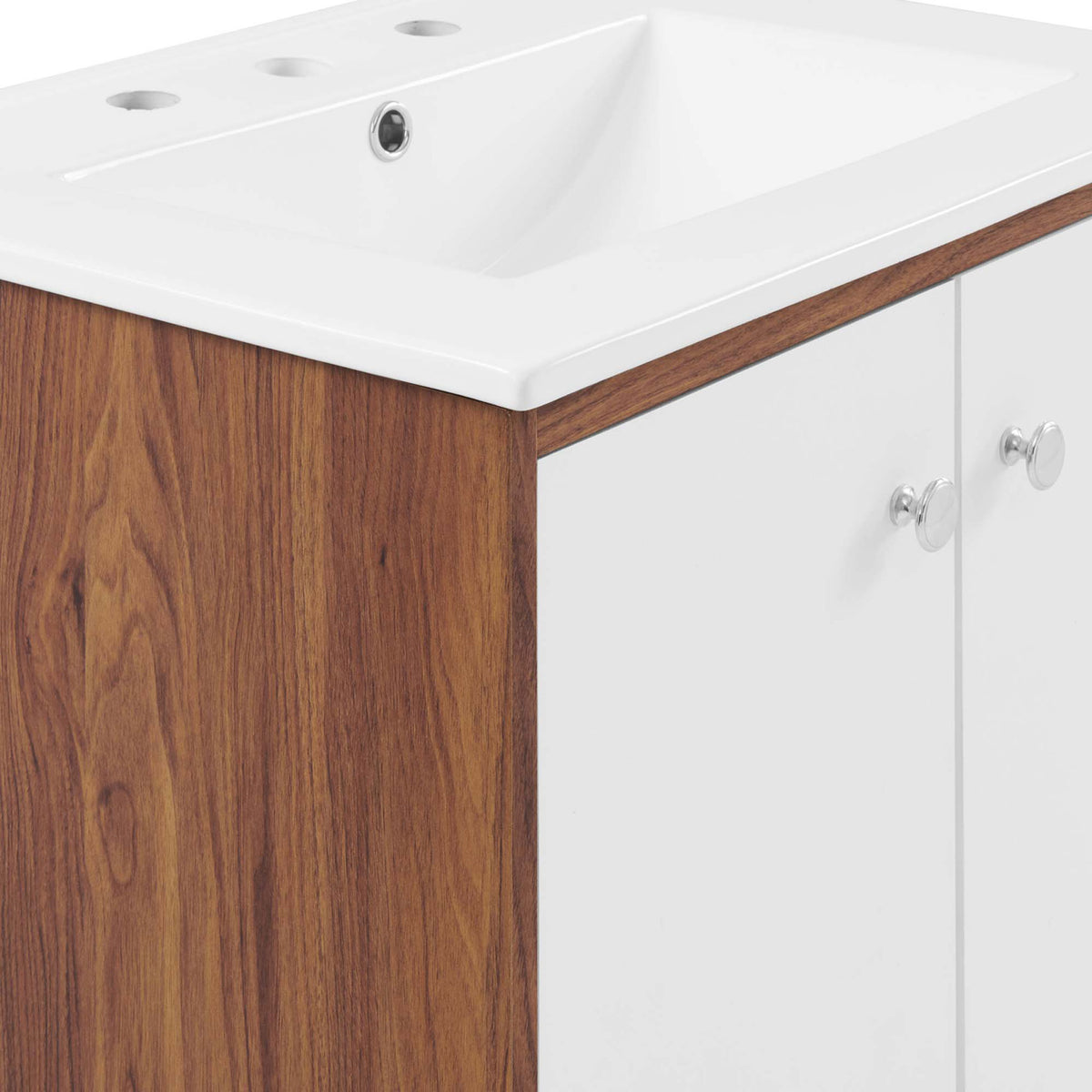 Smooth walnut grain veneer meets glossy white doors with chrome knobs. || EEI-4431-WAL-WHI || detail_studio