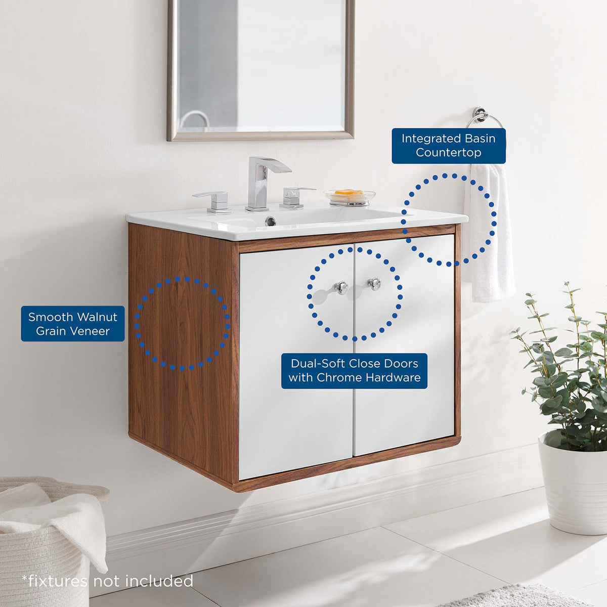 Wall-mounted design frees floor space while elevating a fresh, minimalist bath style. || EEI-4431-WAL-WHI || callout_room