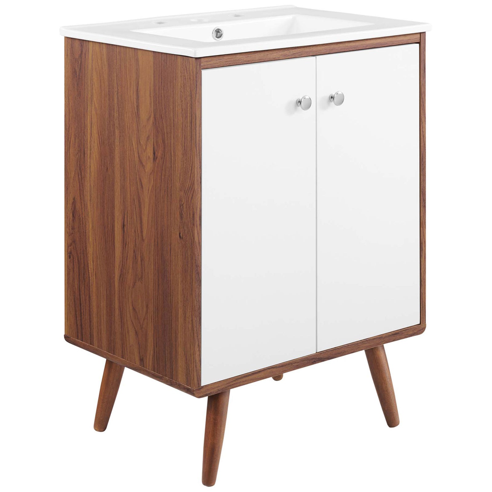 Walnut and white 24-inch vanity with splayed legs, dual doors, and an integrated ceramic basin. || EEI-4432-WAL-WHI || front_angle_studio