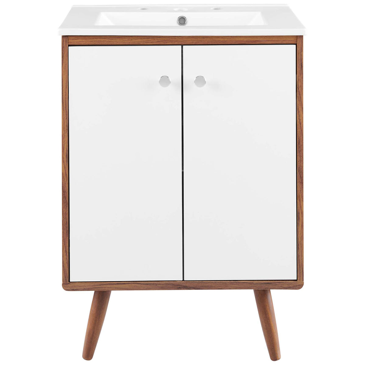 Clean white dual doors with chrome knobs under a rectangular ceramic sink. || EEI-4432-WAL-WHI || front_studio