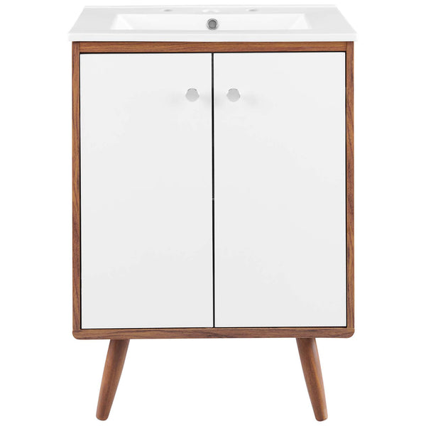 Clean white dual doors with chrome knobs under a rectangular ceramic sink. || EEI-4432-WAL-WHI || front_studio