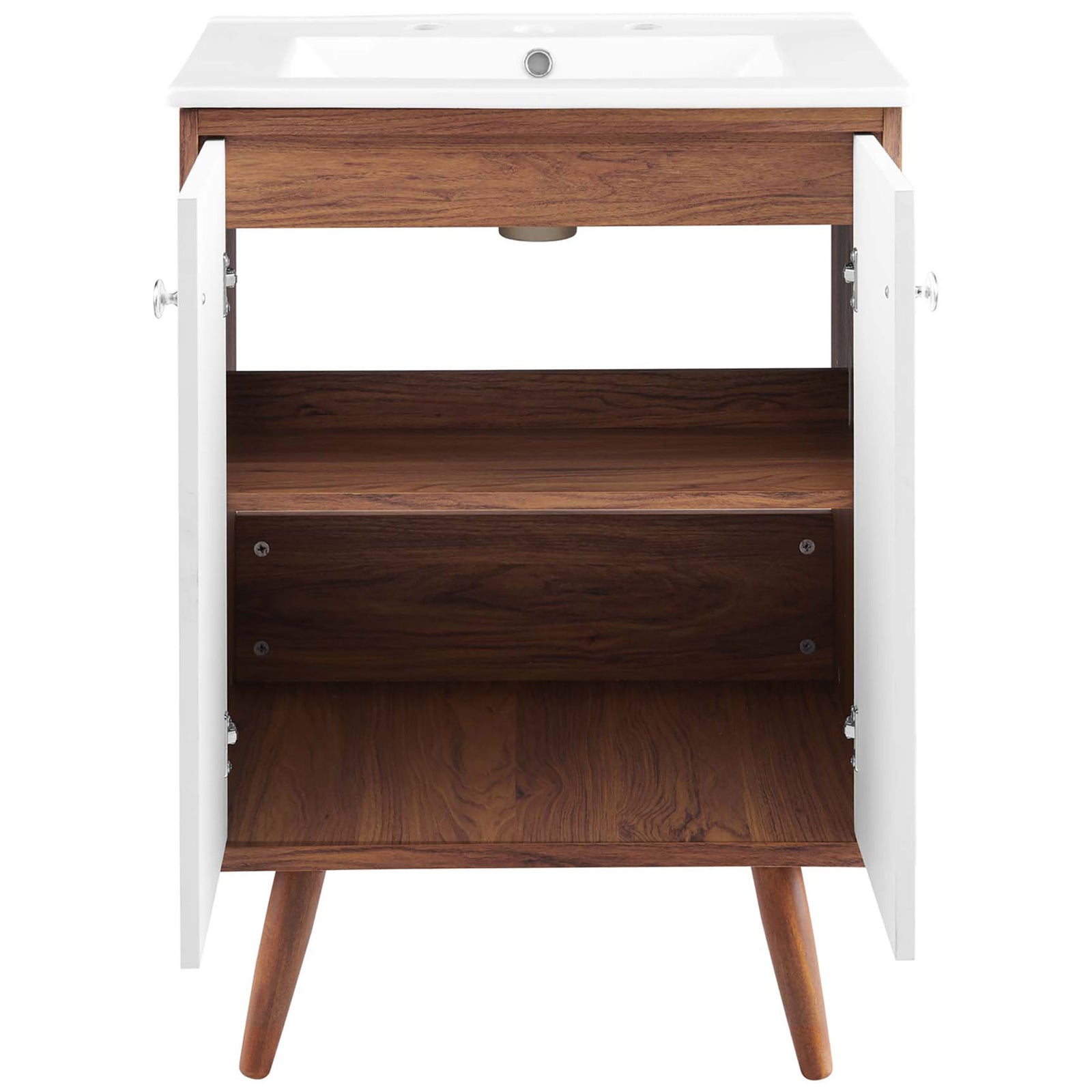 Spacious cabinet with interior shelf and soft-close doors for organized storage. || EEI-4432-WAL-WHI || front_open_studio
