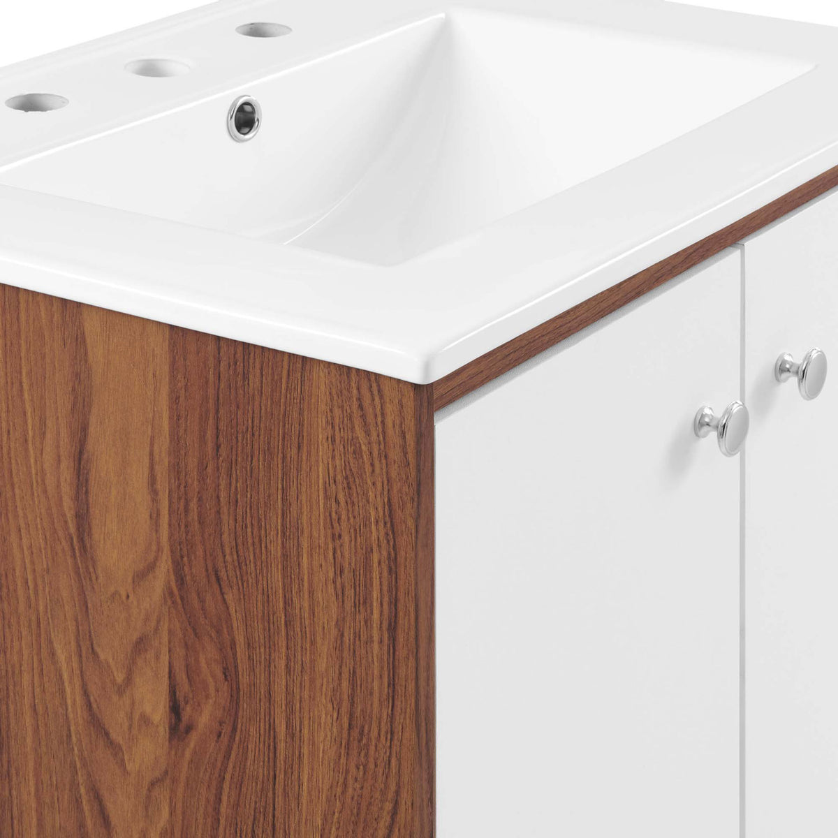 Smooth walnut veneer and glossy ceramic sink deliver a refined finish. || EEI-4432-WAL-WHI || detail_studio