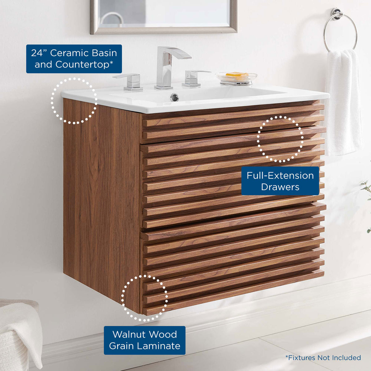 Key features highlighted: ceramic basin and countertop, full-extension drawers, and walnut wood grain laminate. || EEI-4433-WAL-WHI || callout_room