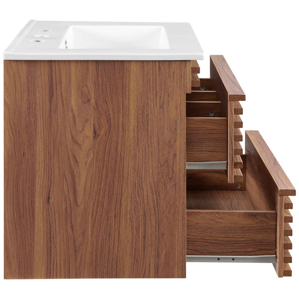 Full-extension drawers glide open to reveal generous storage in the 24-inch walnut wall-mounted vanity. || EEI-4433-WAL-WHI || side_open_studio