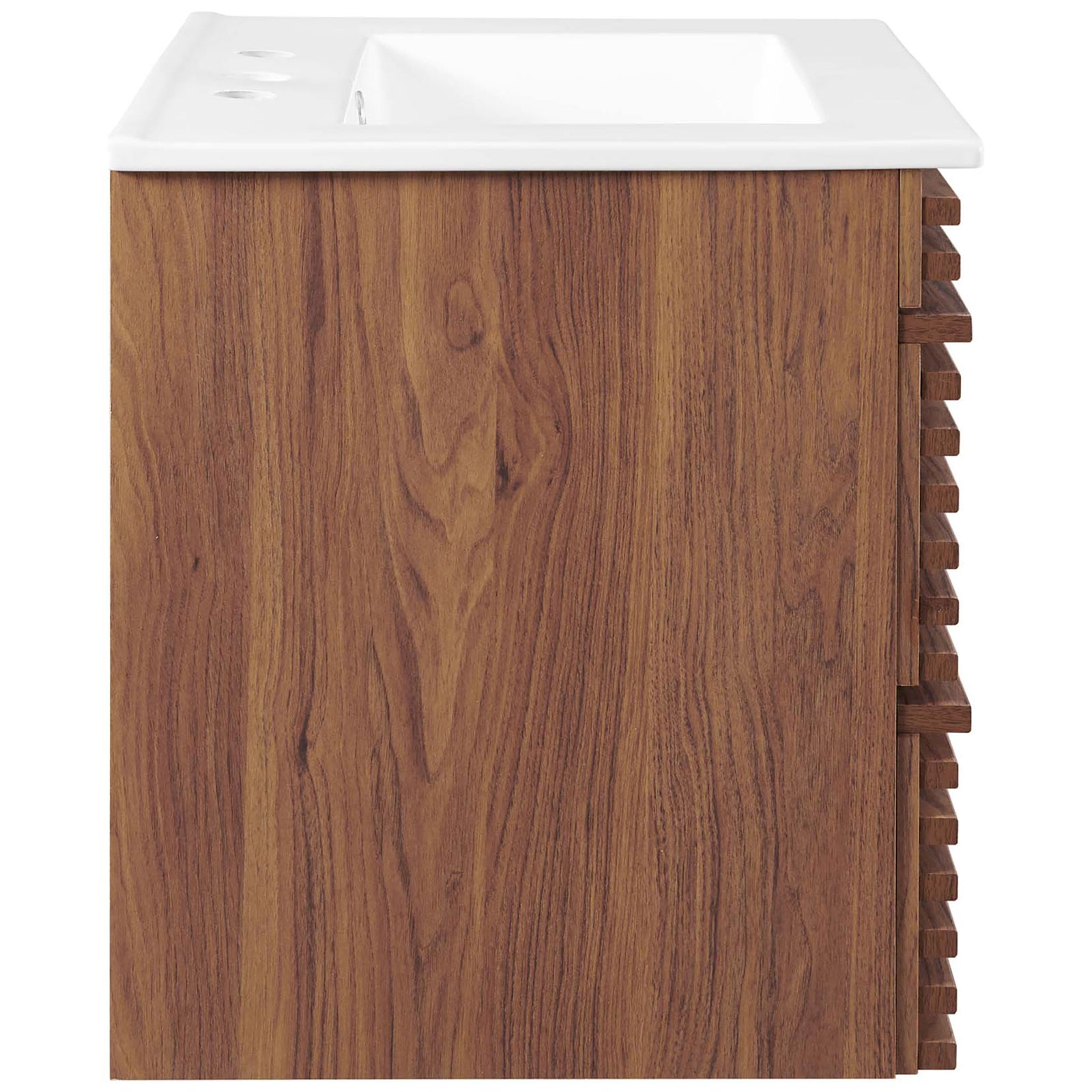 Sleek side profile highlights the warm walnut grain and clean-lined ceramic basin of this 24-inch vanity. || EEI-4433-WAL-WHI || side_studio