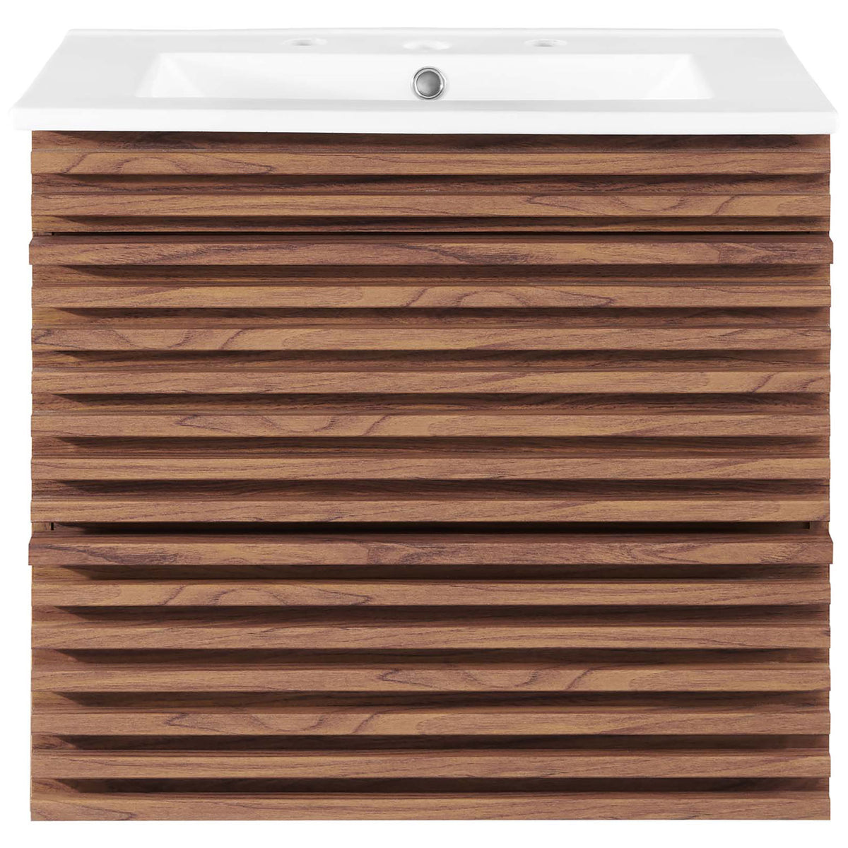 Mid-century 24-inch wall-mounted vanity with slatted walnut drawers and an integrated ceramic sink. || EEI-4433-WAL-WHI || front_studio