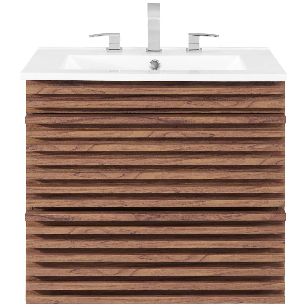 24-inch floating vanity showcasing walnut slat fronts and a crisp white ceramic top, faucet shown. || EEI-4433-WAL-WHI || front_studio
