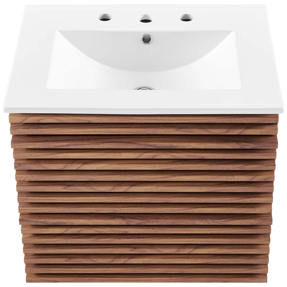 Rectangular ceramic basin with pre-drilled 8-inch widespread holes crowns the 24-inch walnut vanity. || EEI-4433-WAL-WHI || top_studio