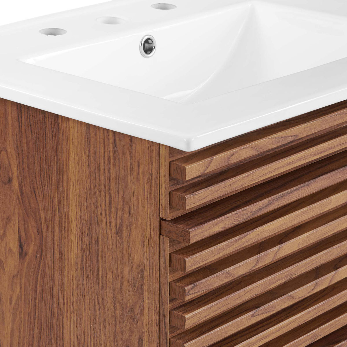 Crisp edges and layered slat detailing pair with rich walnut grain for a refined mid-century look. || EEI-4433-WAL-WHI || detail_studio
