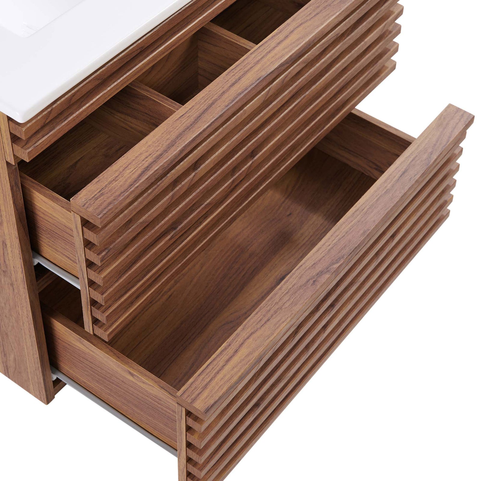 Organized storage with divided top drawer and deep lower drawer keeps bath essentials tidy in the 24-inch vanity. || EEI-4433-WAL-WHI || storage_open_studio