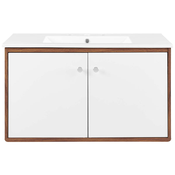 Wide, two-door storage unit with white lacquer finish and chrome knobs stands out. || EEI-4434-WAL-WHI || front_studio