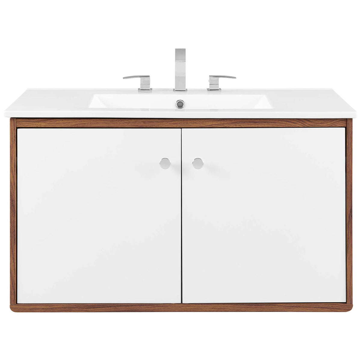 Integrated ceramic countertop and rectangular basin complete the sleek, modern profile. || EEI-4434-WAL-WHI || front_studio