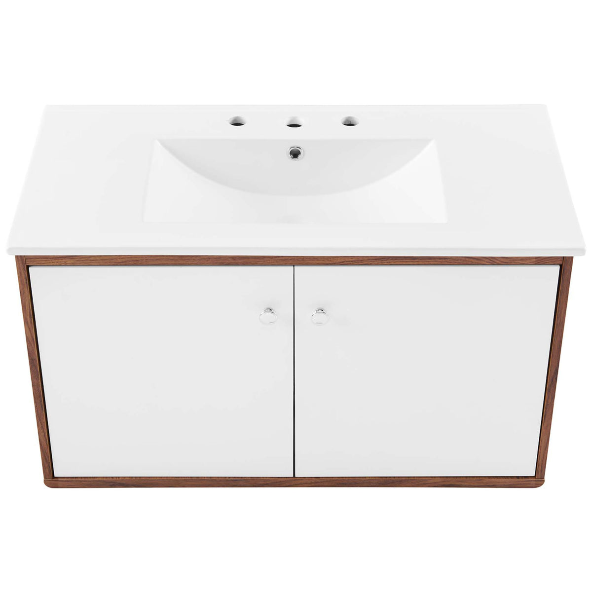 Broad ceramic sink with 3-hole, 8-inch widespread spacing for versatile faucet choices. || EEI-4434-WAL-WHI || top_studio